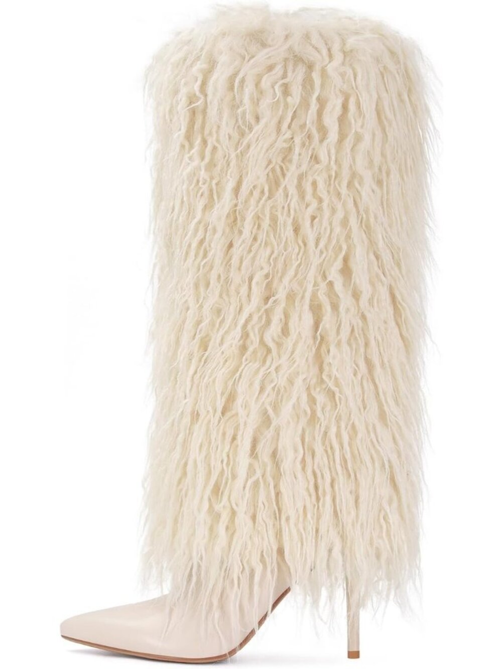 Women's White Fur Knee High Boots Pointed Toe Stiletto Heels Fold Over Tall Boot